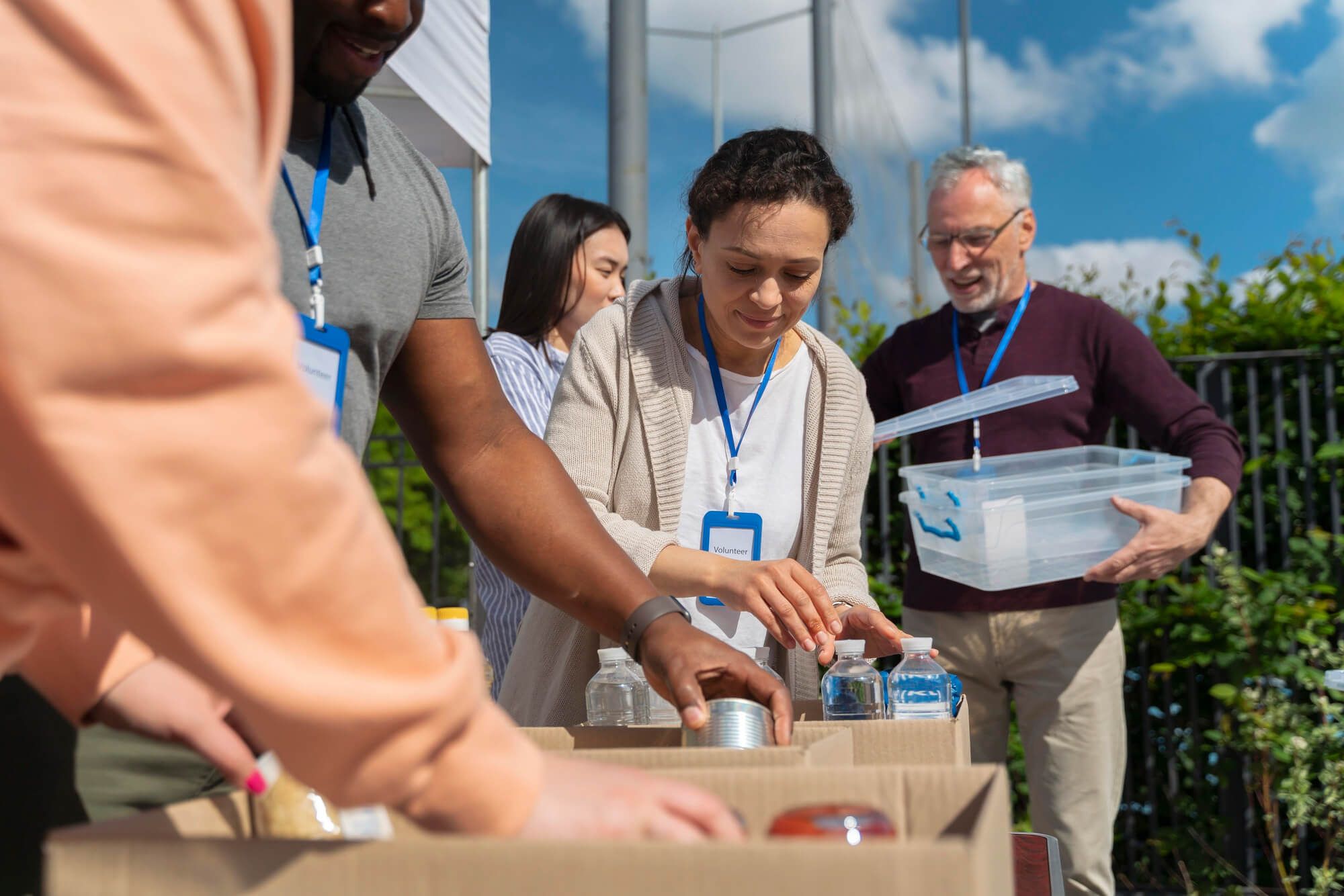 Workers gathering supplies